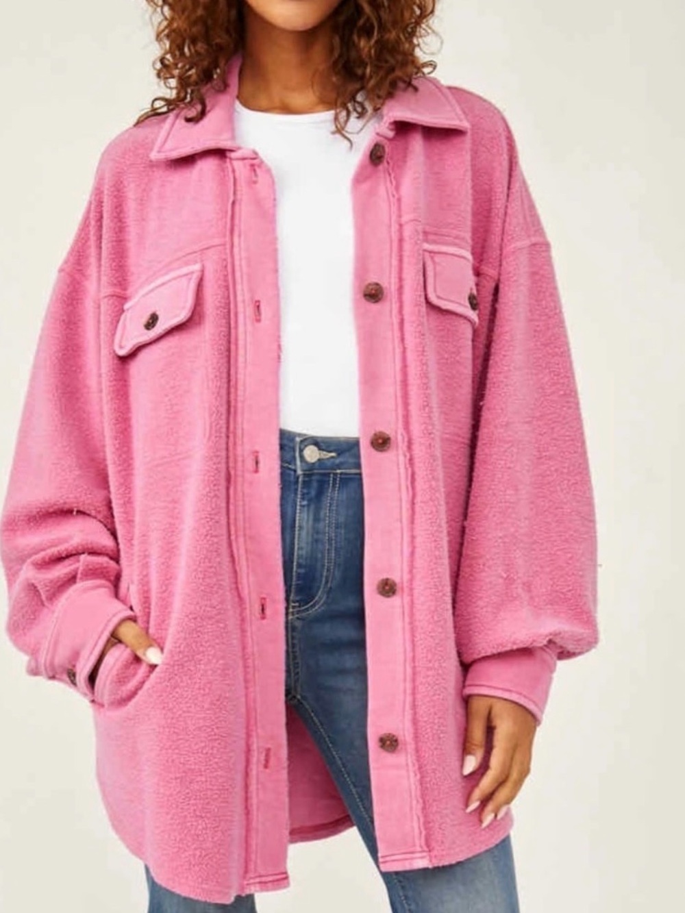 Free People Fleece Ruby Shirt Jacket Shacket in Pink